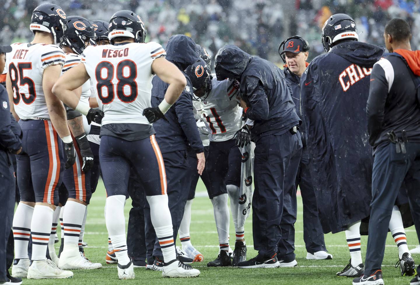 Bears wide receiver Darnell Mooney leaves with an injury in the third quarter against the Jets on Nov. 27, 2022, at MetLife Stadium.