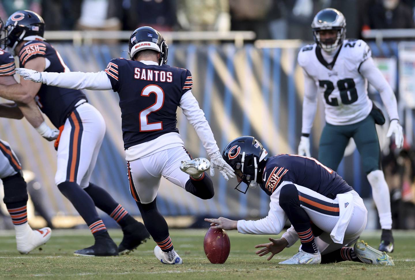Bears kicker Cairo Santos kicks an extra point in the fourth quarter against the Eagles at Soldier Field on Dec. 18, 2022.