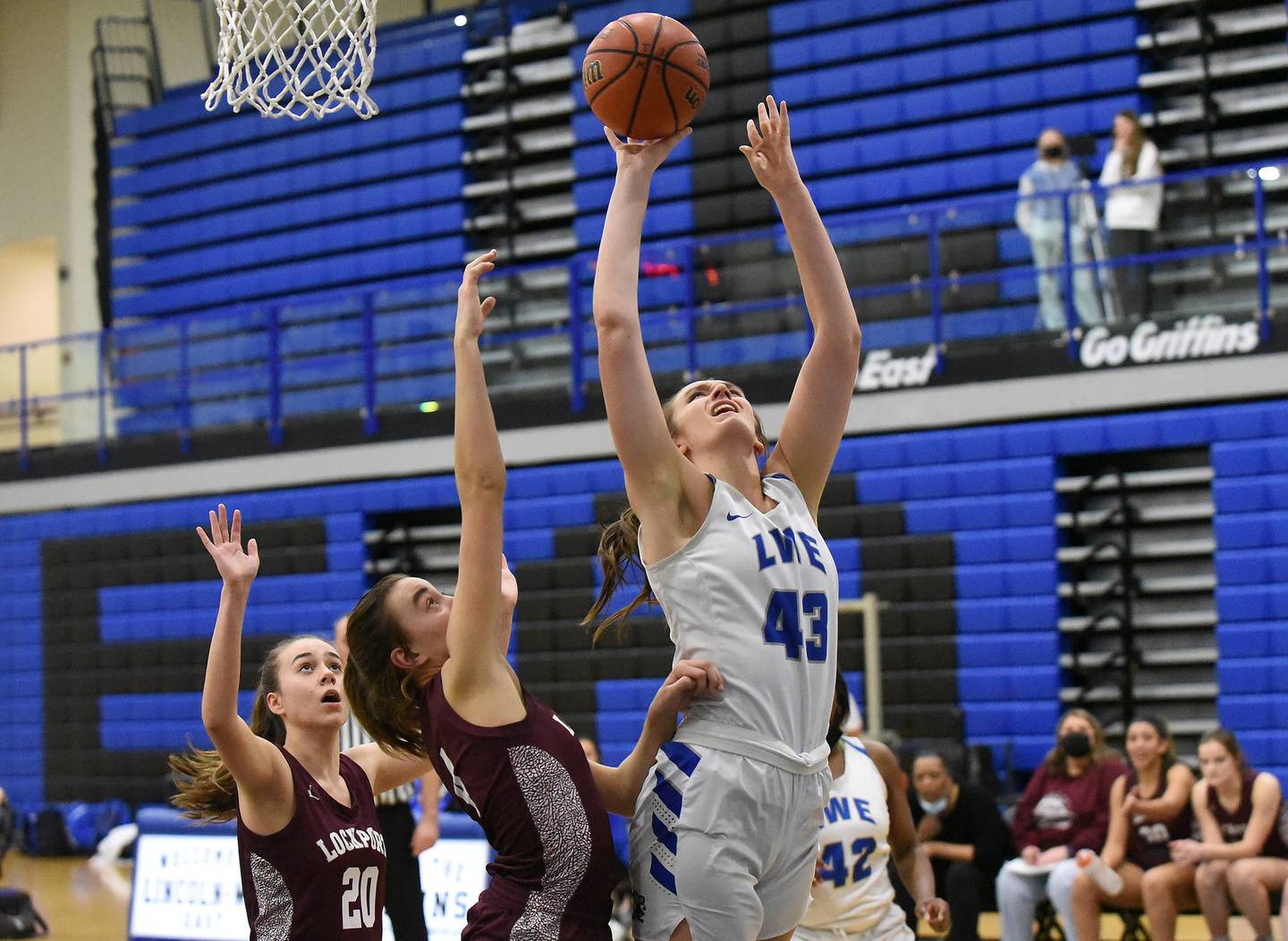 Lincoln-Way East's Hayven Smith (43) puts up a shot against Lockport during a SouthWest Suburban Blue game on Monday, Feb. 14, 2022.