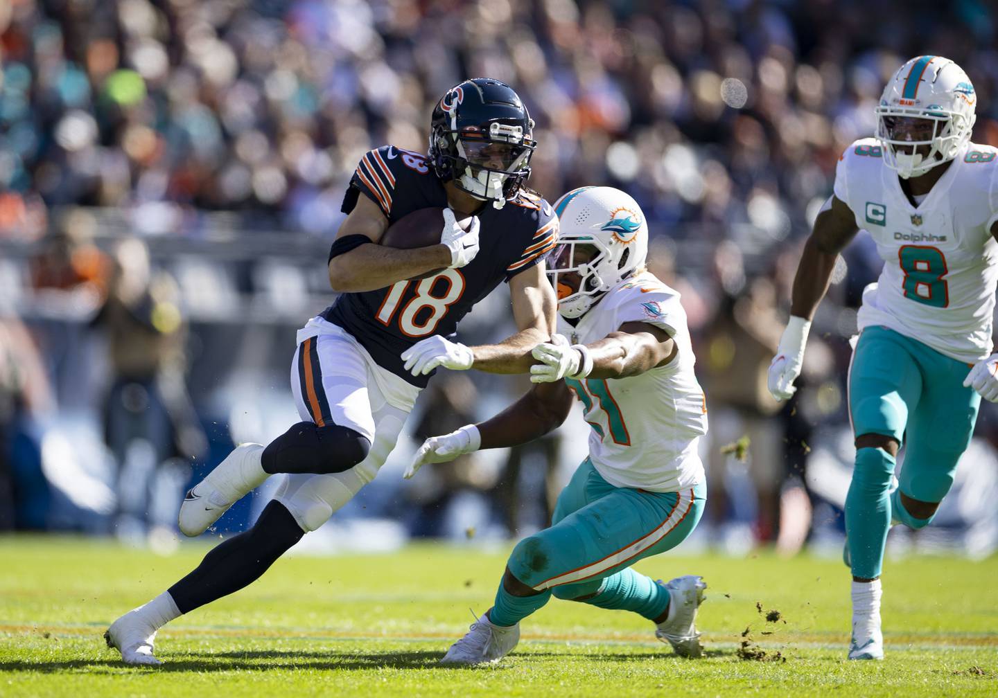 Bears wide receiver Dante Pettis (18) makes a catch against the Dolphins on Nov. 6, 2022, at Soldier Field.