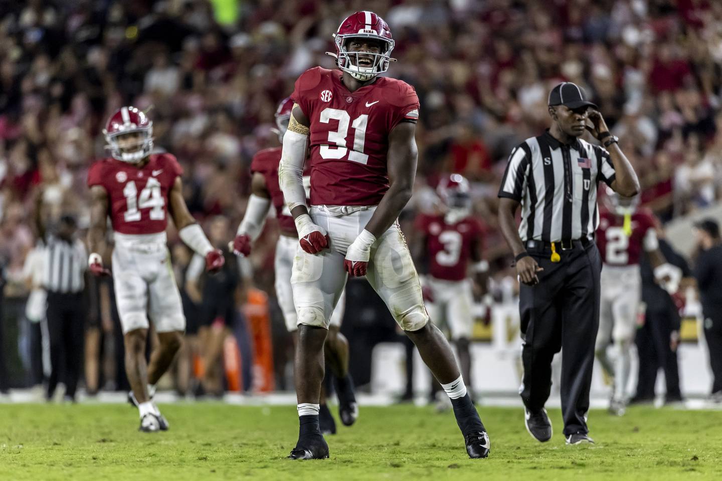 Alabama edge rusher Will Anderson Jr. celebrates a sack against Vanderbilt on Sept. 24 in Tuscaloosa, Ala. Anderson is projected to be a top-five pick in the 2023 NFL draft.