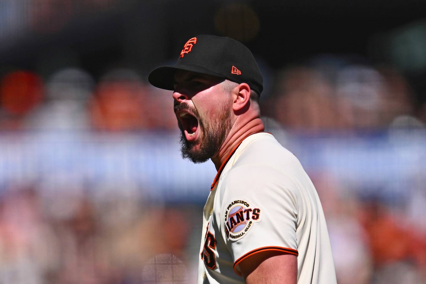 Giants pitcher Carlos Carlos Rodón reacts after striking out the Phillies' Bryson Stott in the sixth inning of a game on Sept. 4, 2022.