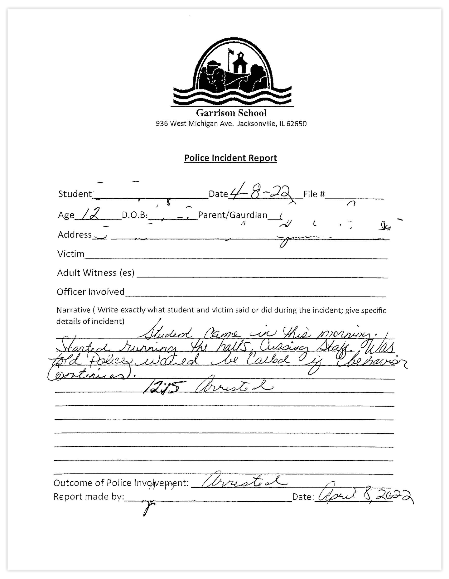A “Police Incident Report” form used by the Garrison School details a student’s behavior and arrest. 
