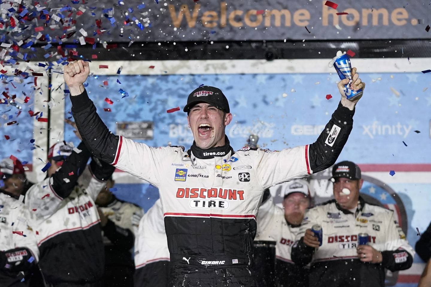 Austin Cindric celebrates in Victory Lane after winning the Daytona 500 on Feb. 20, 2022.