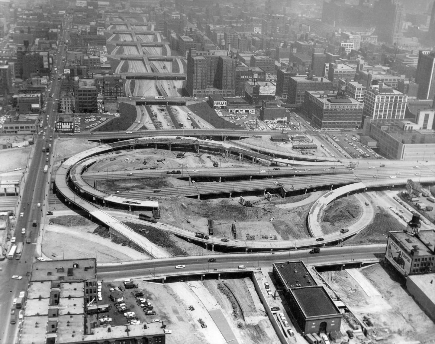 The Circle Interchange, shown in 1961, is where the Eisenhower, Dan Ryan and Kennedy expressways meet. It was built between 1958 and 1962 and renamed the Jane Byrne Interchange in 2014.