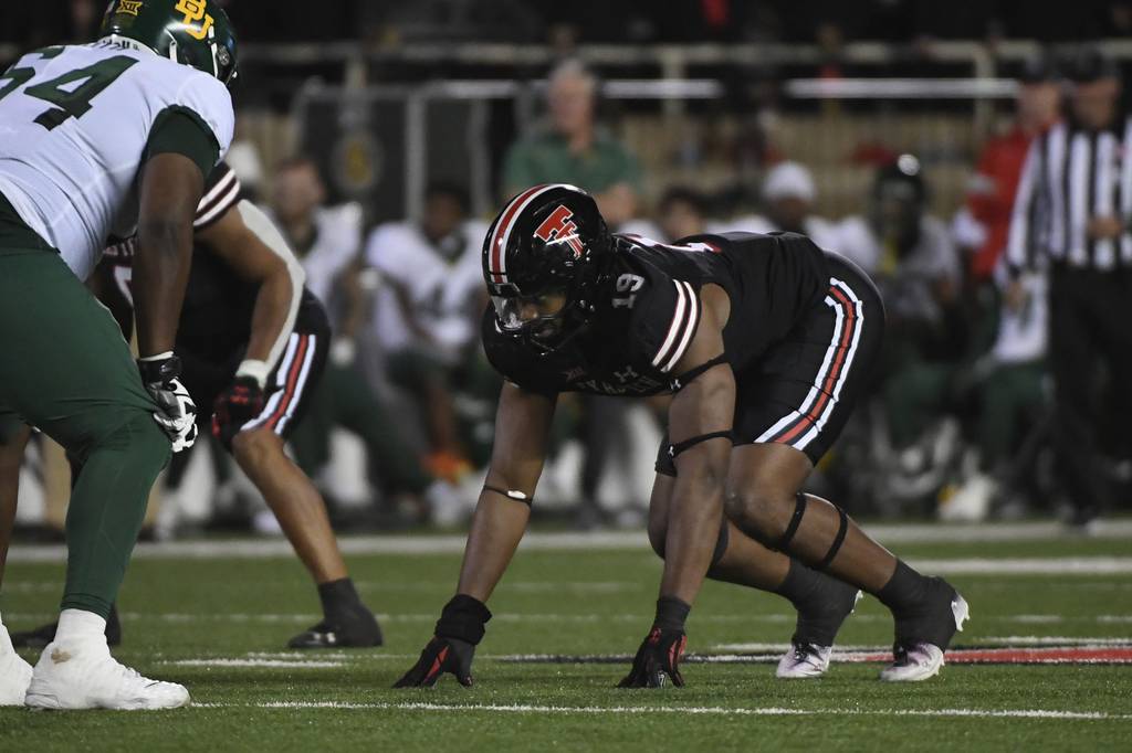 Texas Tech linebacker Tyree Wilson lines up against Baylor during the second half of a game on Oct. 29, 2022.