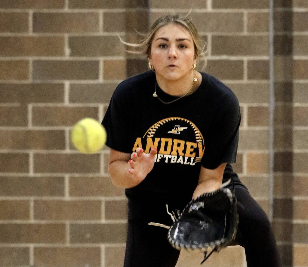 Andrew's Teagan Gutsch works the ball in a drill during indoor practice in Tinley Park on Wednesday, March 29, 2023.