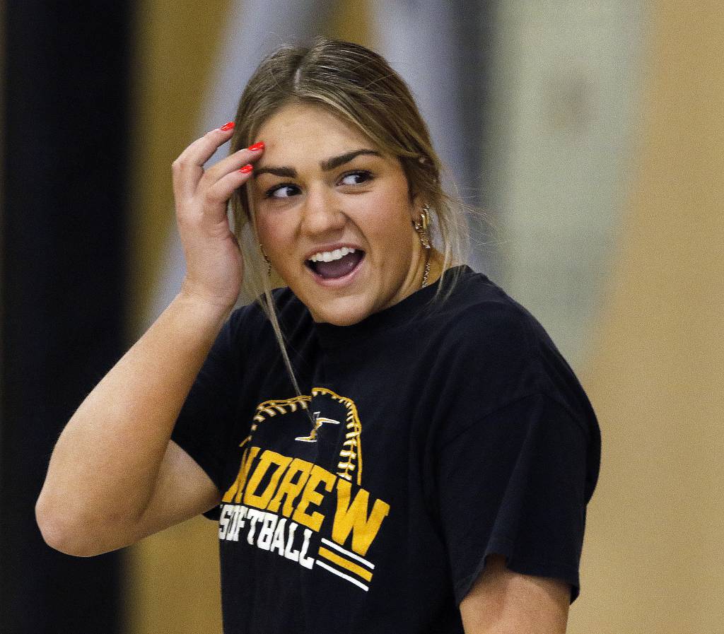 Andrew's Teagan Gutsch shares a laugh with teammates during indoor practice in Tinley Park on Wednesday, March 29, 2023.