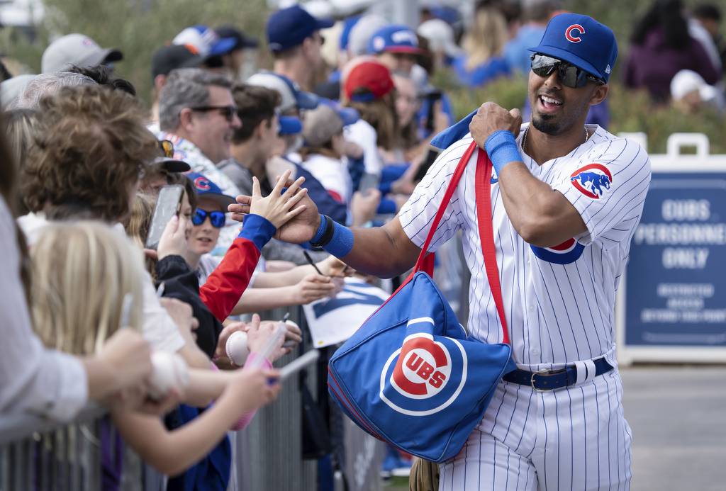 Brennen Davis greets Cubs fans before the Cubs’ preseason opener at Sloan Field in Mesa, Arizona, on Feb. 25, 2023.    