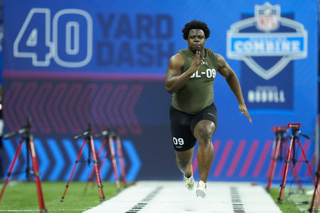 Pittsburgh defensive lineman Calijah Kancey runs the 40-yard dash at the NFL combine on March 2, 2023.