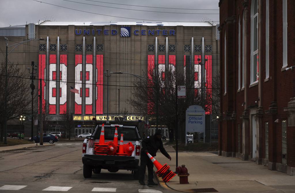 Former Chicago Blackhawks player Patrick Kane is honored with his number adorning the facade of the United Center on Thursday.  Kane was traded to the Rangers on Tuesday.
