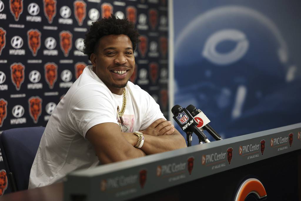New Bears defensive end DeMarcus Walker speaks with the media at Halas Hall on March 16, 2023.