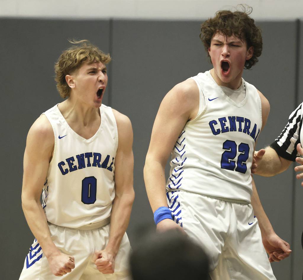 Burlington Central's Mitchell Pedrigi (0) and Nicholas Gouriotis (22) react to a basket and a foul against Rockford Boylan during a Class 3A Burlington Central Sectional semifinal game on Wednesday, March 1, 2023.