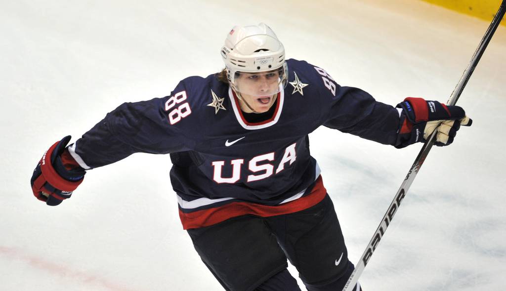 Team USA forward Patrick Kane celebrates a goal during an Olympic semifinal against Finland on Feb. 26, 2010, in Vancouver.