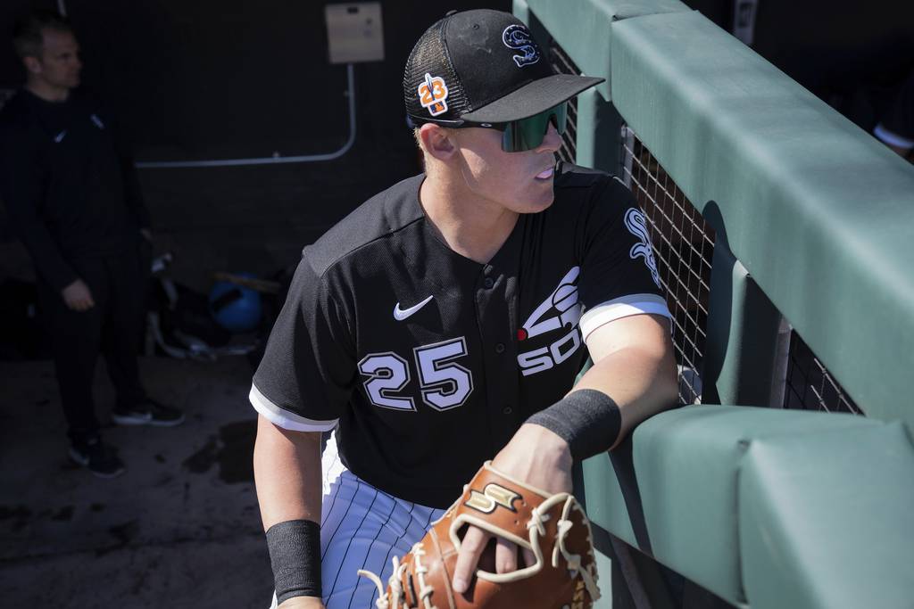 White Sox first baseman Andrew Vaughn waits to take the field before a Cactus League game against the Mariners on Feb. 27 at Camelback Ranch in Glendale, Ariz.