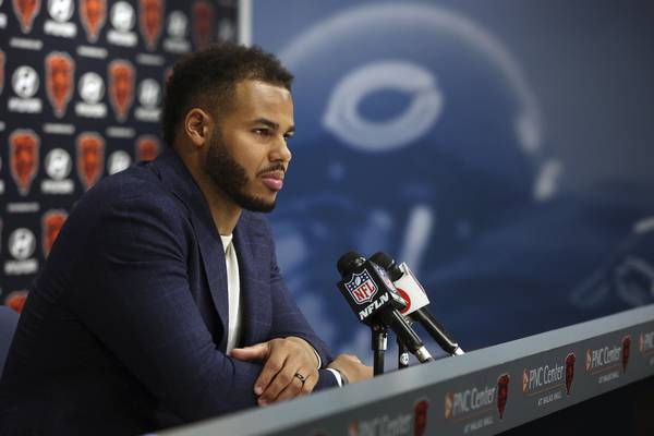 New Bears linebacker T.J. Edwards speaks with the media on March 16 at Halas Hall in Lake Forest. 