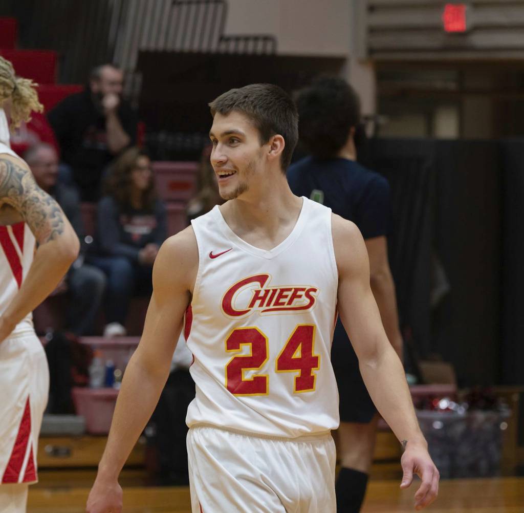 Waubonsee's Colton Schutt smiles during a break in the action against Spoon River during a nonconference home game on Thursday, Dec. 8, 2022.