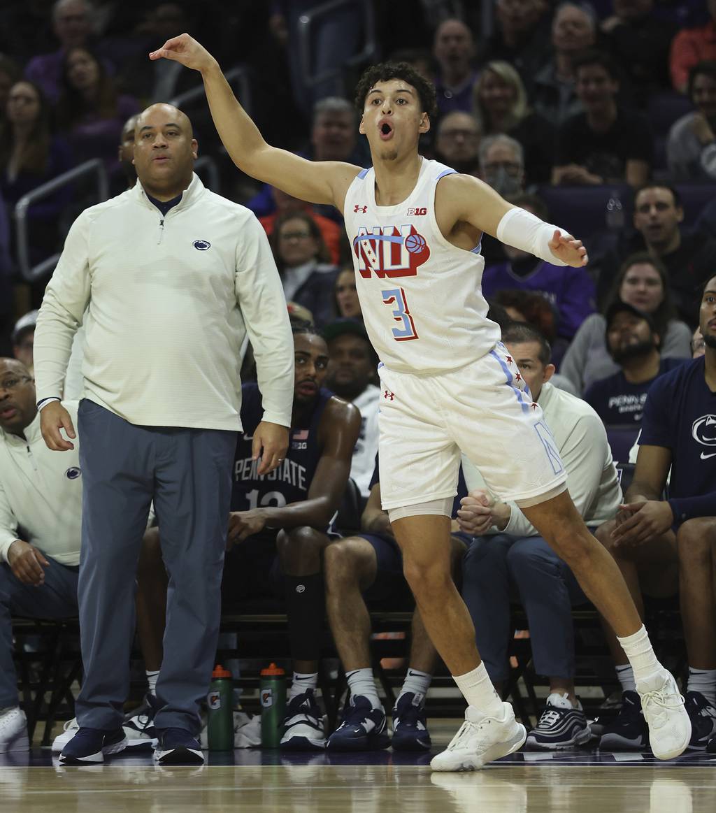 Northwestern guard Ty Berry (3) reacts after missing a 3-pointer in the first half on March 1, 2023, at Welsh-Ryan Arena in Evanston.