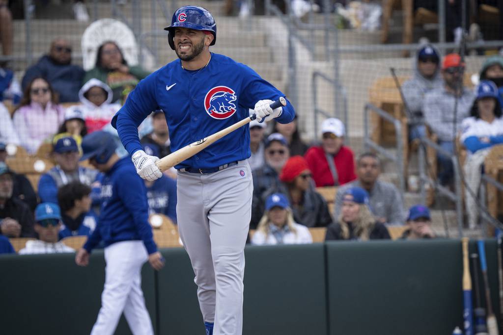 Edwin Rios is hit by a pitch in the fourth inning of the Cubs’ 9-4 loss to the Dodgers on Feb. 26, 2023, at Camelback Ranch in Glendale, Ariz.