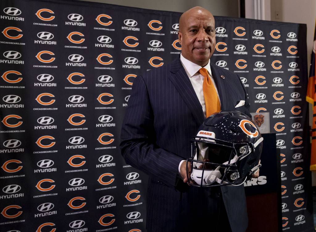 New Bears President and CEO Kevin Warren holds a helmet at his introductory news conference on Jan. 17 at Halas Hall in Lake Forest.