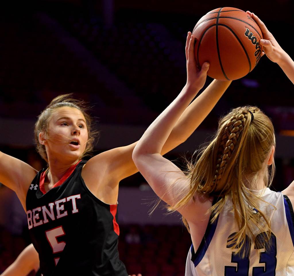 Benet’s Lenee Beaumont (5) defends against Geneva’s Lauren Slagle (33) during a Class 4A state semifinal at Illinois State’s CEFCU Arena in Normal on Friday, March 3, 2023. 