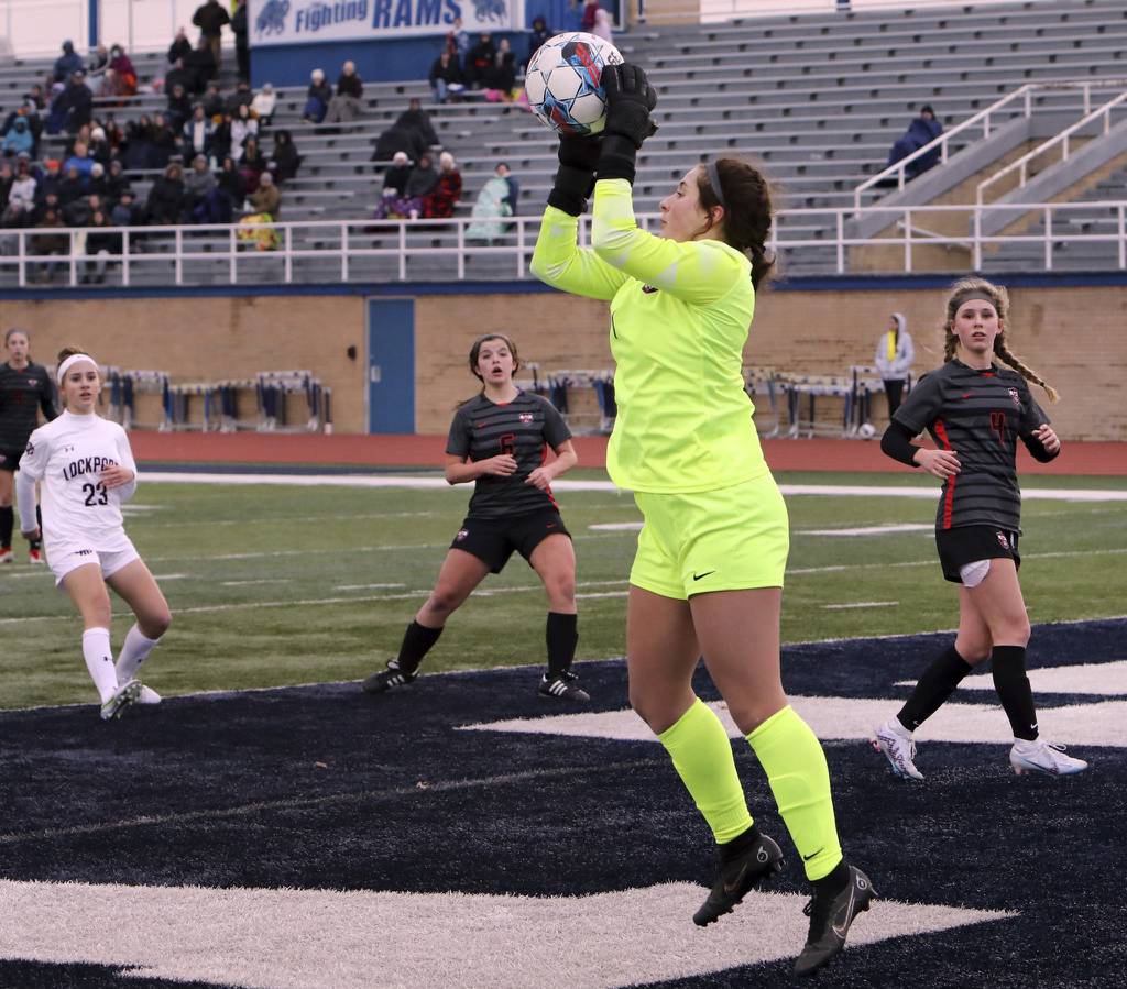 Lincoln-Way Central goalkeeper Sofia Jumes stops a Lockport shot during the Windy City Ram Classic championship game at Reavis in Burbank on Thursday, March 23, 2023.