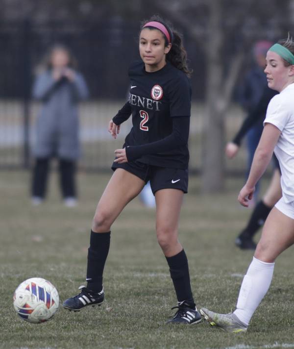 Benet’s Rania Fikri (2) passes the ball during a game against Glenbard West in Lisle on Tuesday, March 21, 2023.