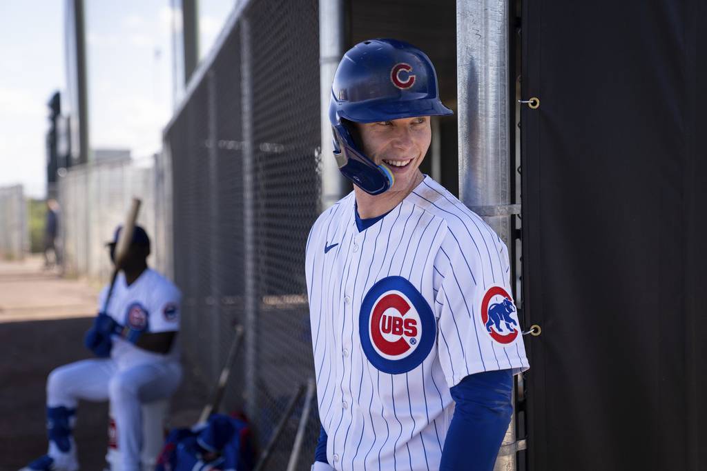 Pete Crow-Armstrong prepares for his turn to hit during workouts at Sloan Park in Mesa, Arizona on Feb. 23, 2023.    