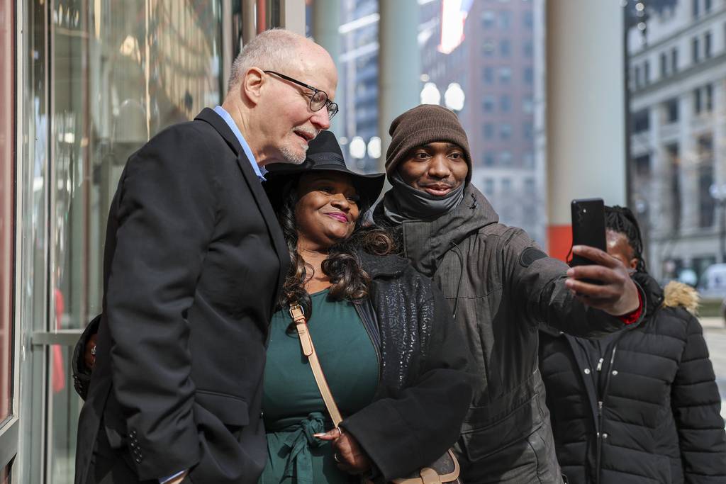 A day after Election Day, Paul Vallas greets people outside the Thompson Center. Vallas and Cook County Commissioner Brandon Johnson will face off in the April 4 runoff election to become Chicago’s next mayor.