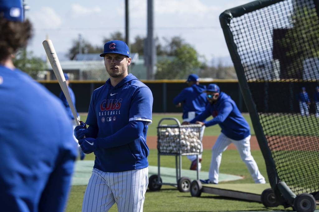 Cubs second baseman Nico Hoerner prepares to take batting practice on Feb. 23 at Sloan Park in Mesa, Ariz.