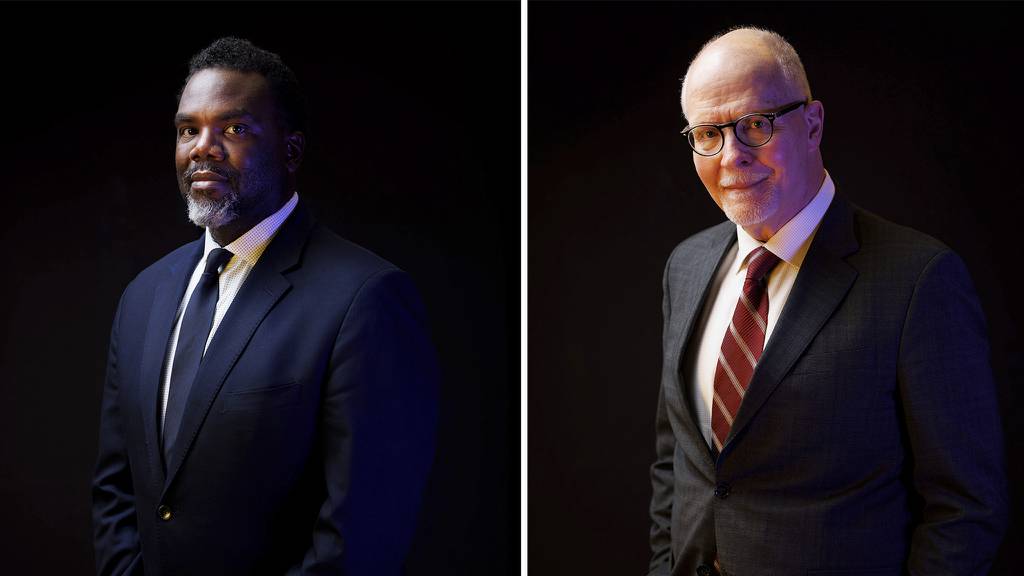 Mayoral candidates Cook County Commissioner Brandon Johnson, left, and Paul Vallas pose for portraits before meeting with members of the Tribune Editorial Board and staff at the Chicago Tribune Freedom Center on Jan. 23, 2023.