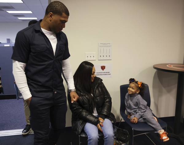 Bears new receiver DJ Moore’s wife, Raven, and 3-year-old daughter Arielle , attend his press conference at Halas Hall on March 16, 2023.