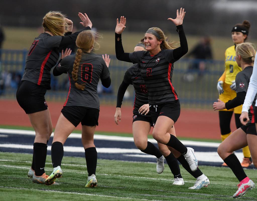 Lincoln-Way Central's Madi Watt (2) celebrates her goal against Lincoln-Way East during the Windy City Ram Classic semifinals at Reavis in Burbank on Tuesday, March 21, 2023.