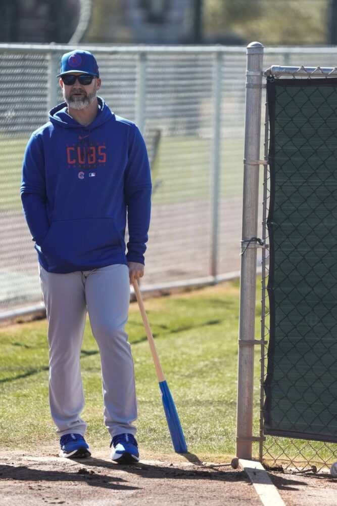 Cubs manager David Ross watches during a spring training workout on Feb. 15, 2023.