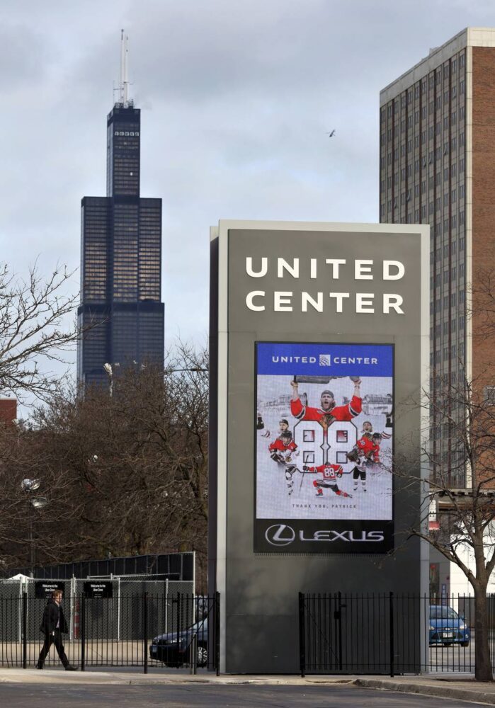 Former Blackhawks player Patrick Kane is honored outside of the United Center on Thursday. Kane was traded to the Rangers on Tuesday.  