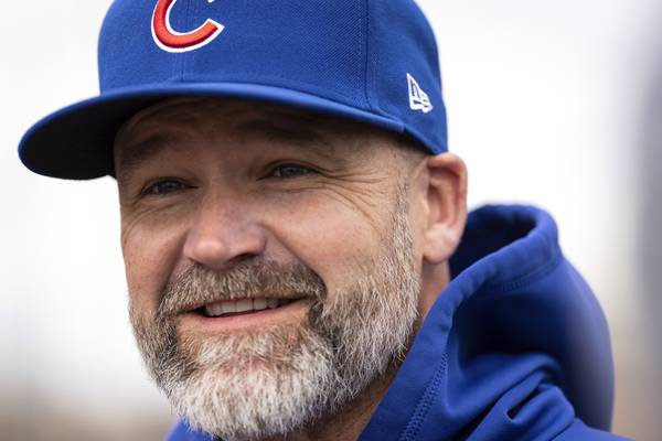 Cubs manager David Ross speaks to the media at Sloan Park on March 1, 2023.