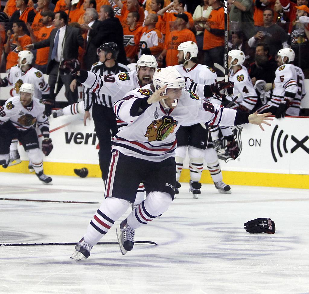 The Blackhawks' Patrick Kane celebrates his game-winning overtime goal against the Flyers in Game 6 of the Stanley Cup Final on June 9, 2010, in Philadelphia.