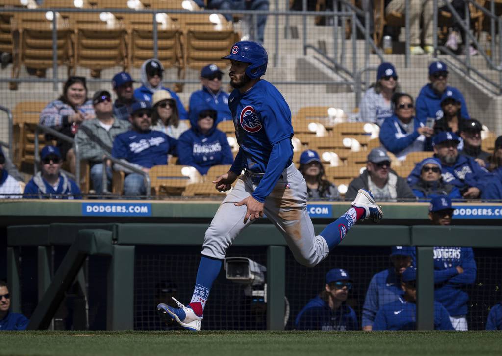 Ben DeLuzio scores on a Nick Madrigal single in the second inning of the Cubs’ 9-4 loss to the Dodgers on Feb. 26, 2023, at Camelback Ranch in Glendale, Ariz.