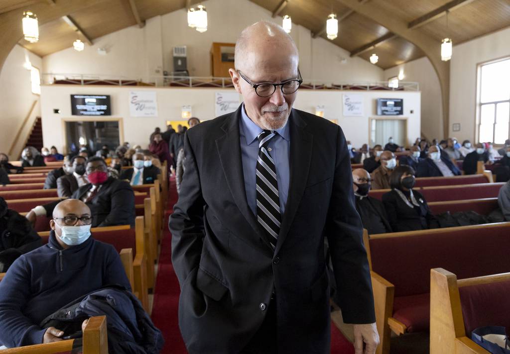 Mayoral candidate and former Chicago Public Schools CEO Paul Vallas arrives before accepting an endorsement from Black clergy leaders on March 19, 2023, at Providence Missionary Baptist Church in Auburn Gresham.  