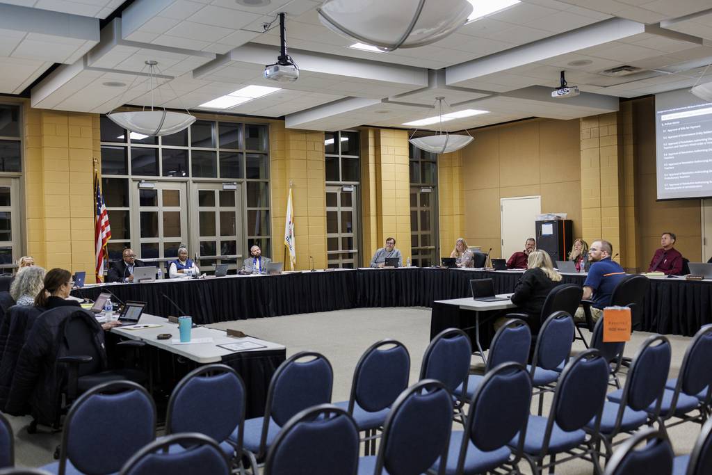 An Oswego school board meeting at Oswego East High School on March 20, 2023.