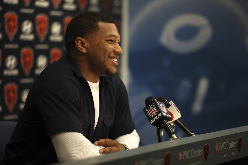 New Bears wide receiver DJ Moore speaks with the media at Halas Hall on March 16, 2023, in Lake Forest.
