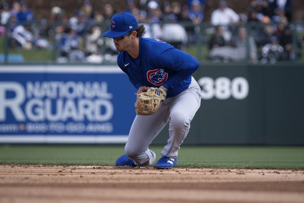 Second baseman Zach McKinstry fields a ground ball in the second inning of the Cubs’ 9-4 loss to the Dodgers on Feb. 26, 2023, at Camelback Ranch in Glendale, Ariz.