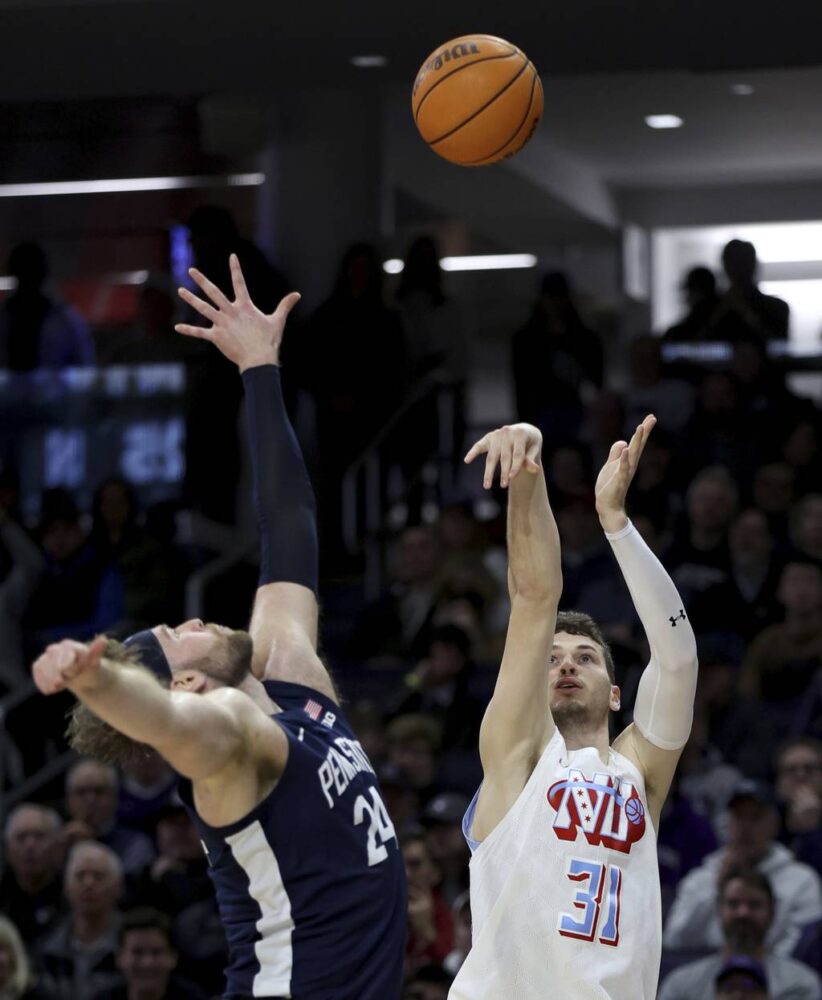 Northwestern forward Robbie Beran (31) puts up a shot in the first half on March 1, 2023, at Welsh-Ryan Arena in Evanston.