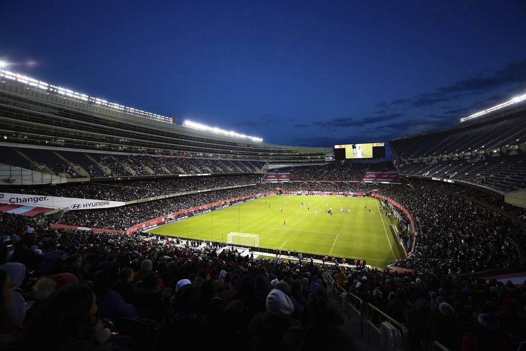 A crowd of nearly 30,000 fans attend Soldier Field for a Major League Soccer match between the Chicago Fire and the Los Angeles Galaxy on April 16, 2022.