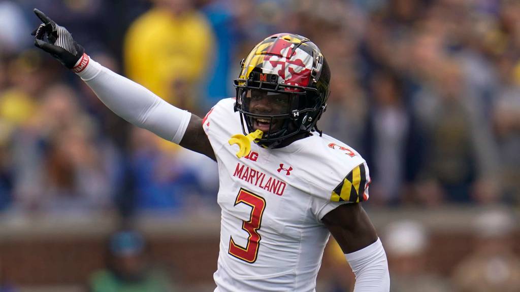 Maryland defensive back Deonte Banks reacts to a Michigan turnover in the first half of a game on Sept. 24, 2022.