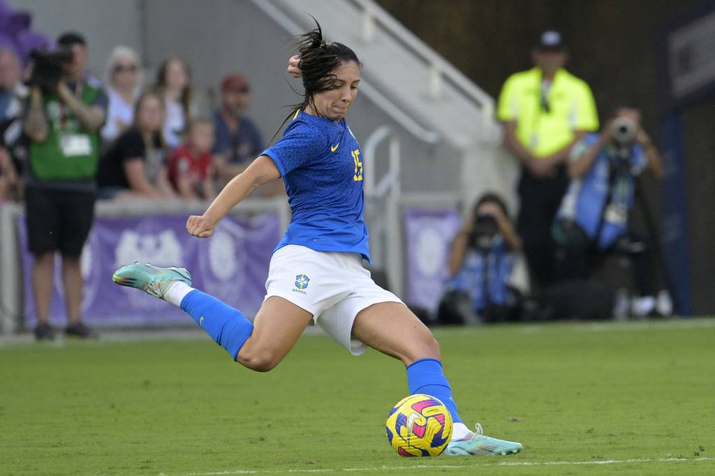 Brazil midfielder Julia Bianchi sets up a play during the first half of a SheBelieves Cup match against Japan on Feb. 16 in Orlando, Fla.