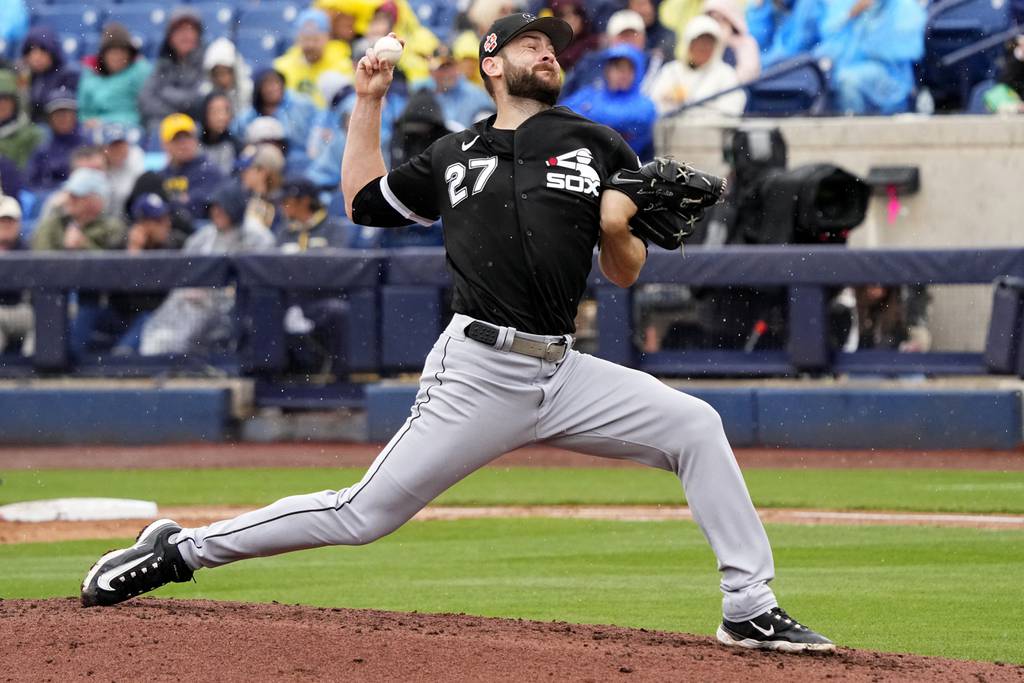 White Sox starter Lucas Giolito pitches against the Brewers on Tuesday, March 21, 2023, in Phoenix.