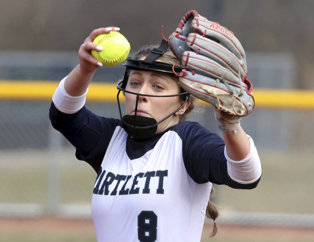 Bartlett's Christina Stankus (8) fires a pitch against Metea Valley during a nonconference game in Bartlett on Tuesday, March 28, 2023.