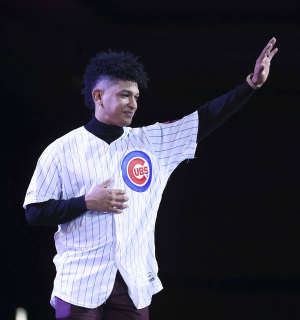 Cubs pitcher Adbert Alzolay is introduced at the opening ceremony of the Cubs Convention on Jan. 13, 2023.