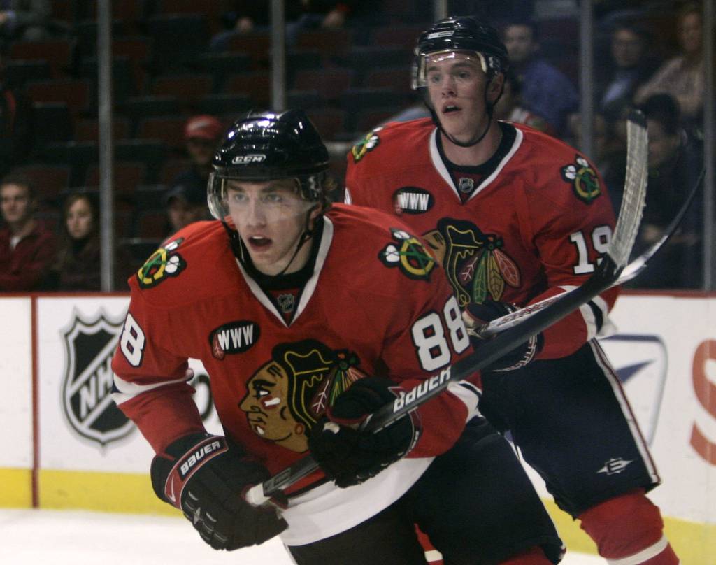 New Blackhawks Patrick Kane (88) and Jonathan Toews (19) play their first game together against the Sharks on Oct. 10, 2007.